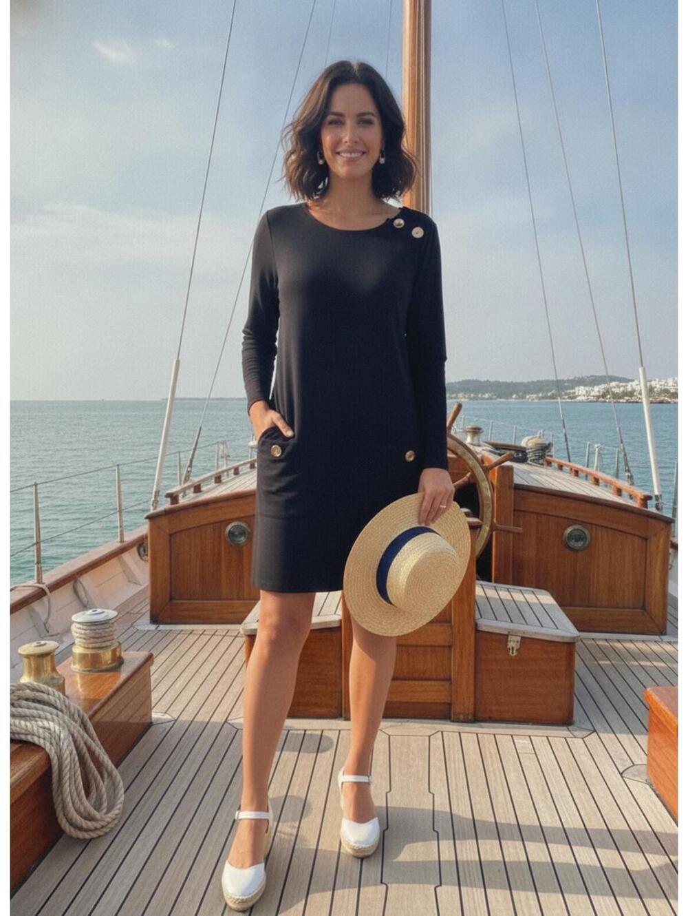 Sail to Sable Navy Blue Long Sleeve Classic Tunic Dress with Gold Buttons M